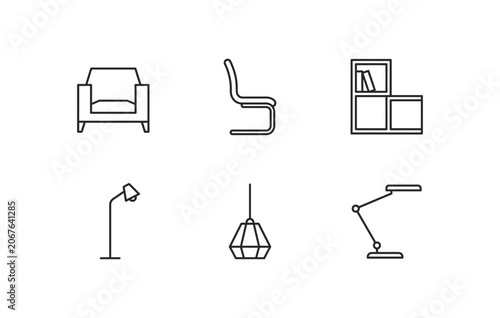 Home furniture and interior decoration line icon set