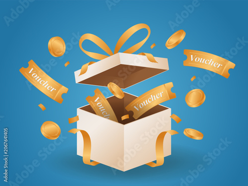 Surprise Gift Box Opening with Floating Shopping Vouchers and Gold Coins Promo Banner