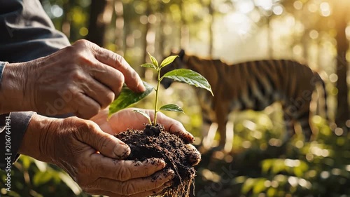 Hands holding sapling with tiger in forest.