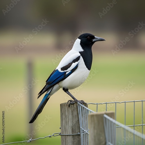 White and blue kingfisher perched on metal fence.
