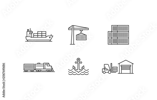 Maritime transport container crane forklift and warehouse linear icon pack