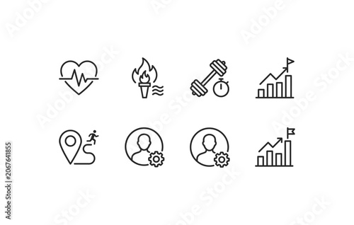 Athletic training destination path calorie burn tracker and account setup minimal line icons collection