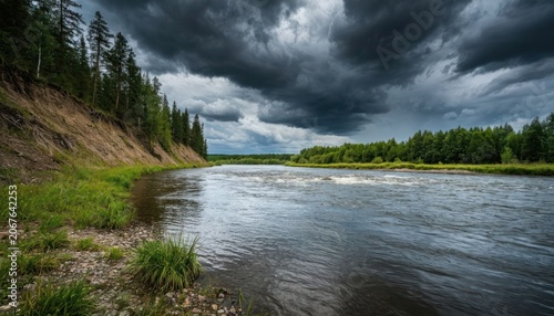 Steep Riverbank Under Storm Clouds