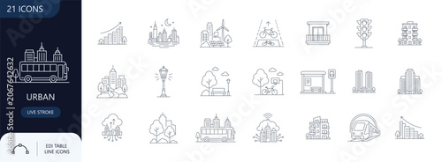 Foto Urban and city life line icon set containing skyscraper, residential building, eco green city, park, public transport and infrastructure, Editable stroke