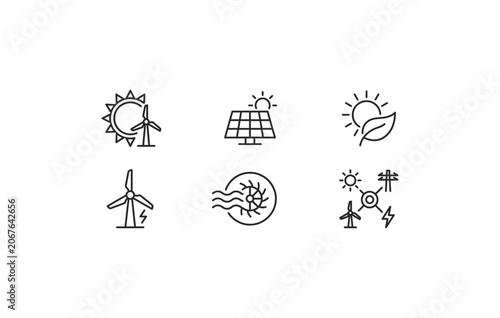Sustainable infrastructure green future power solar cell and alternative energy minimal line icons collection