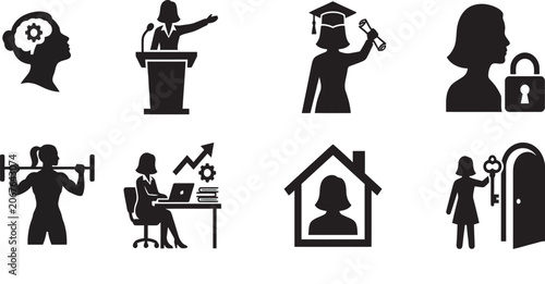 Silhouette Icons Representing Various Professions And Concepts