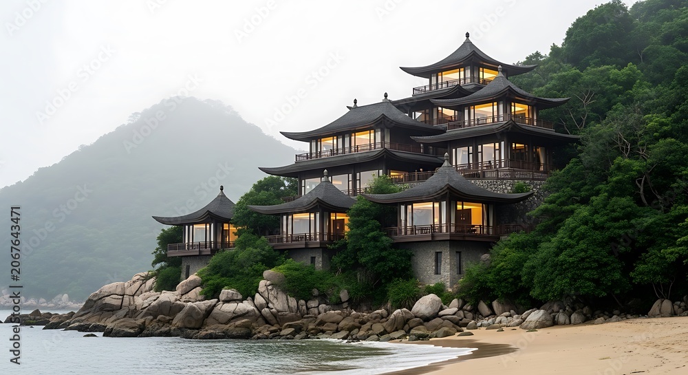 Obraz premium Stunning luxury Asian inspired resort villa built on a rocky tropical beach coastline