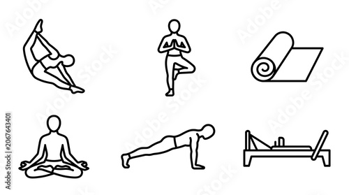 Yoga and Pilates Fitness Line Icons Set