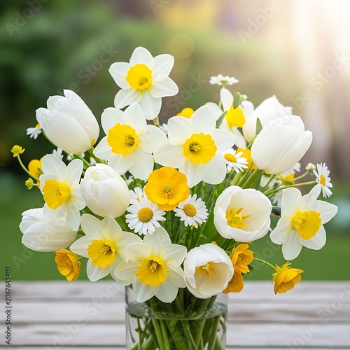 White and yellow daisies in clear vase.