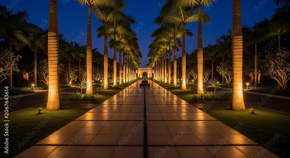 Fototapeta premium A serene palm tree lined walkway at a luxury tropical resort at twilight