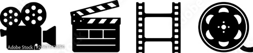 Photos Black film production icons on white background, movie camera, clapperboard, film strip, and reel, cinematic filmmaking symbols