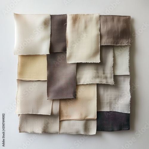 Worn fabric swatches arranged with soft zen gradients and subtle chalk brush textures tactile and meditative