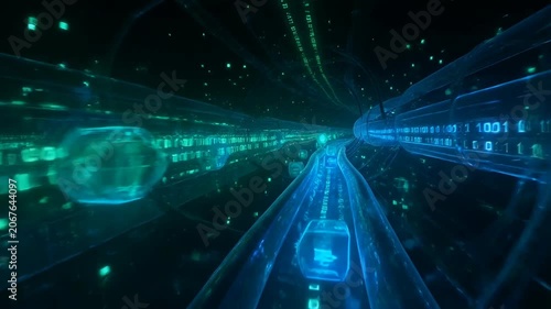 Abstract Digital Cyber Tunnel With High Speed Data Streams And Flowing Binary Information Code