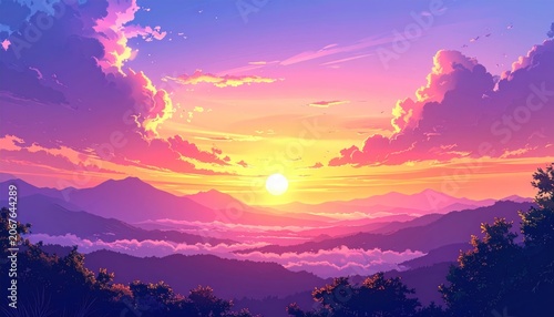 Anime-style sunset painting over layered mountains, with vibrant colors and soft clouds