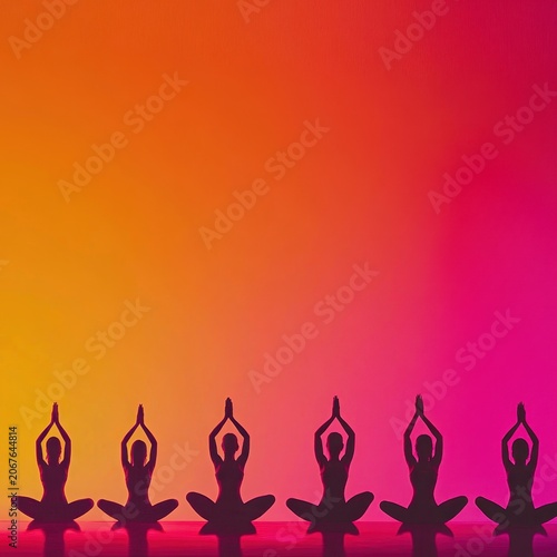 Yoga festival silhouettes on pink to orange gradient background