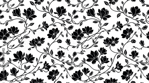 Elegant black and white seamless magnolia floral pattern with blooming flowers vintage vines and delicate botanical leaves vector illustration