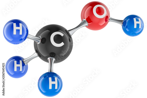 Methanol molecule ball and stick model, transparent background.