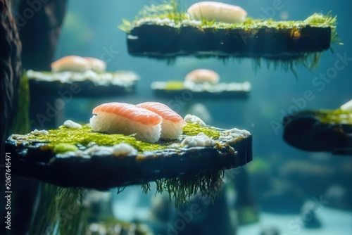 ZeroG sushi bar nigiri floating on seaweed platforms