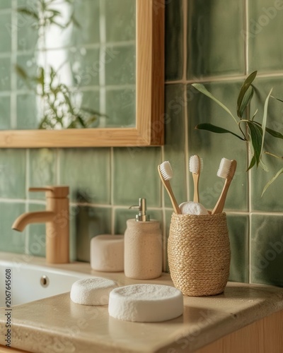 Zerowaste bathroom with bamboo toothbrushes reusable cotton rounds sage green tiles