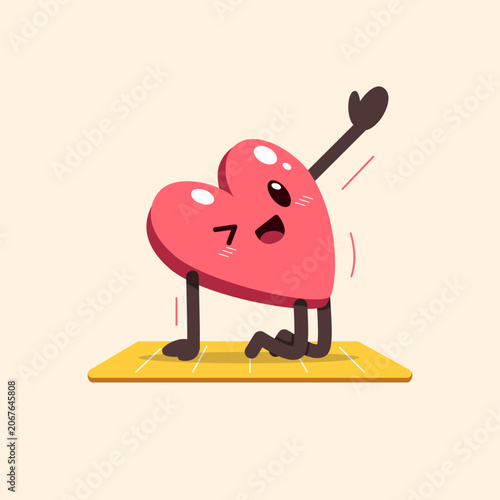 Cute heart character doing yoga balance pose on mat cartoon vector illustration
