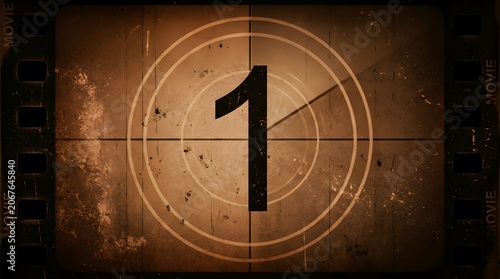 Vintage film countdown leader with a number one displayed on a dusty textured sepia background