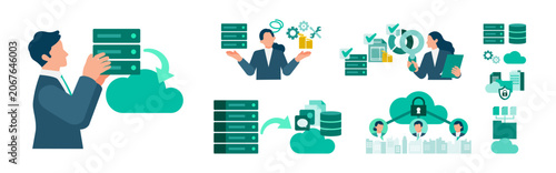 Canvastavla Flat vector illustration set depicting business professionals navigating cloud m