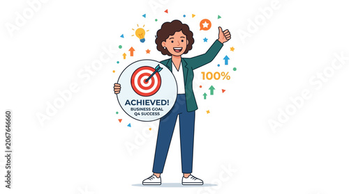 Foto A cartoon man celebrating achievement with a target and confetti.