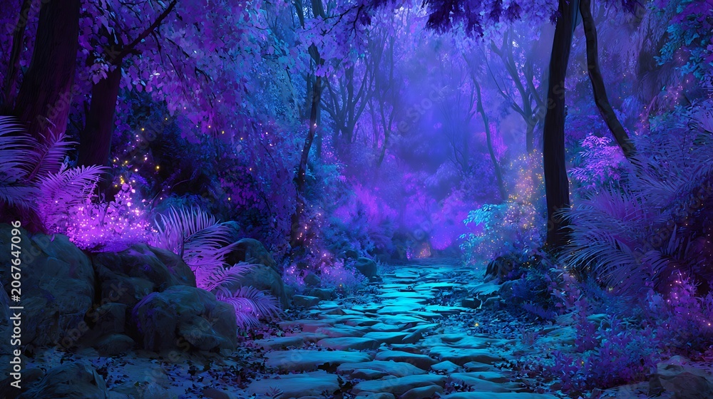 Fototapeta premium Enchanted magical forest path with glowing purple and blue neon lights.