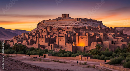Ancient Desert Town Built From Adobe on a Hill at Sunset
