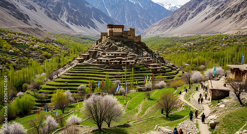 Ancient Fortress Atop a Stepped Hill in a Valley with Blooming Trees and Mountains