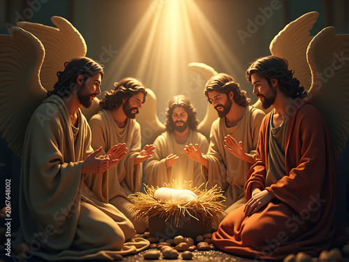 Angels Surrounding a Sacred Egg in a Neon Light Ceremony