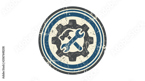 Circular emblem with tools and gear symbol.