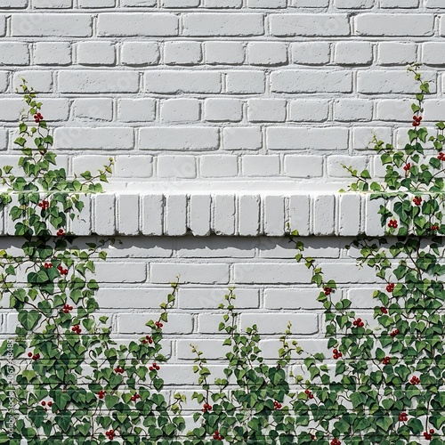 White brick wall with green climbing plants and shadows.