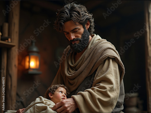 Bearded Man in Cloak Comforting Baby by Warm Lantern