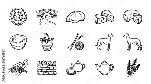 Fotografie British Countryside Icons: Rose, Bridge, Flat Cap, Cheese, Canal Boat, Tea, Dog,