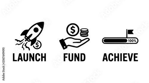 A cryptocurrency coin icon featuring a rocket launching with a hand holding funds to achieve success.