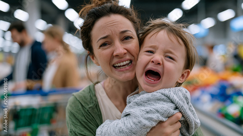 Frazzled young mother trying to calm a screaming toddler in a grocery store checkout aisle while surrounding shoppers glance sideways, the cart full of unloaded items and her cheeks flushed with the