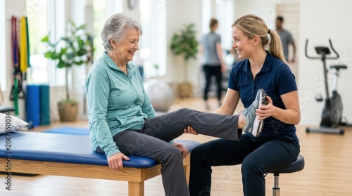 A physical therapist assists an elderly woman with a leg exercise during a rehabilitation session. The scene shows a smiling senior patient working on recovery in a bright.