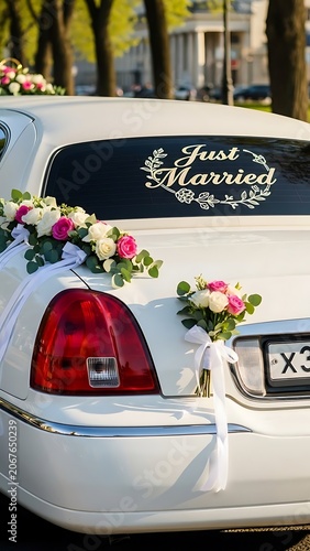 White car decorated for just married celebration with flowers.
