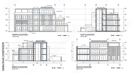 Architectural blueprints of a modern building, showing elevations and plans
