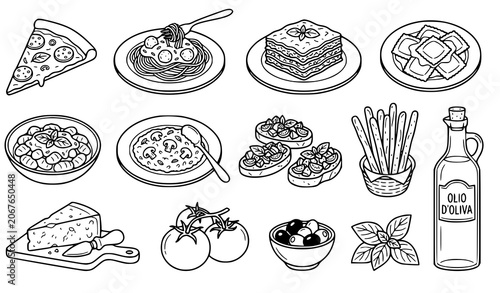 Canvas-taulu Italian Food Outline Clip Art Vector Set with Pizza Pasta Lasagna and Traditiona