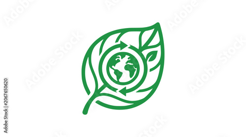 A green leaf encircles a globe with recycling arrows on a white background.
