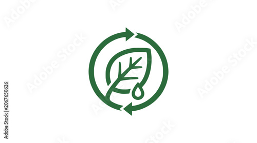 A green leaf icon with a water drop is encircled by two arrows recycling.