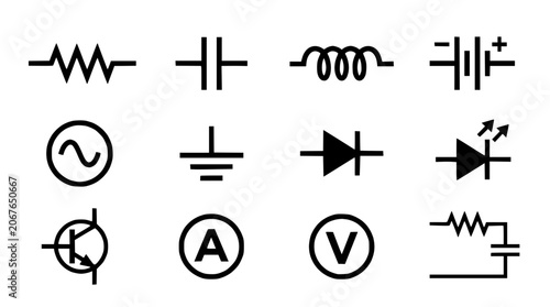 Electronic circuit symbols arranged on a white background for reference.