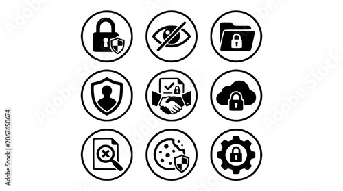 Various security icons are shown in a grid layout on a white background