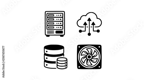 Server and database exchange data with cloud storage through a fan-cooled system