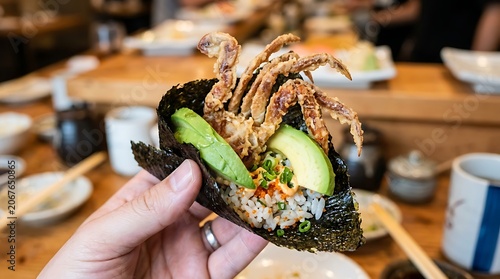 A hand holds a delicious soft-shell crab temaki sushi roll with avocado and rice.