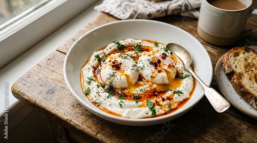 Delicious Turkish Eggs Cilbir with Yogurt, Poached Eggs, and Chili Butter.