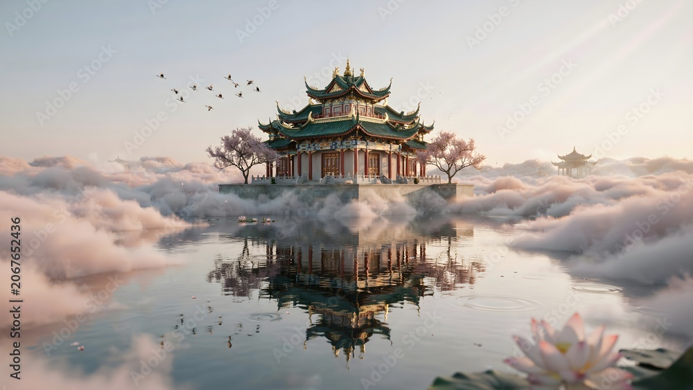 Obraz premium Traditional Asian temple floating above clouds with reflection on water at sunrise