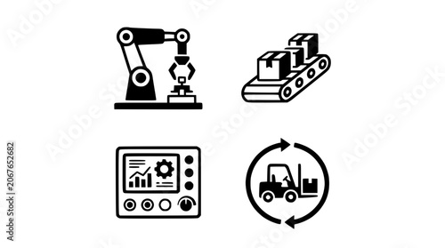 Financial investment icon vector graphics with robotic arm and industrial machinery